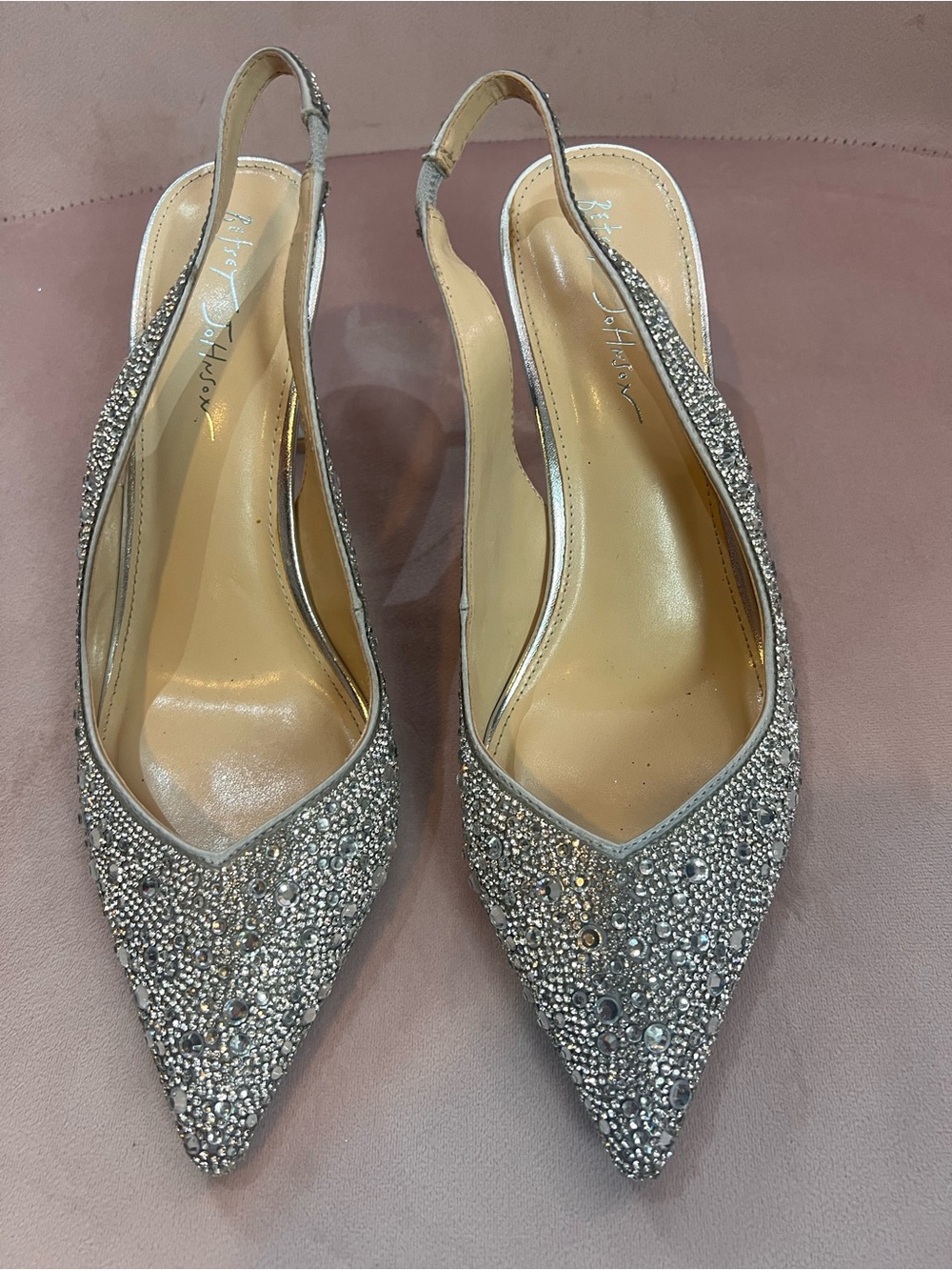 Blue by Betsey Johnson Silver Crystal Pointed Slingback Heels